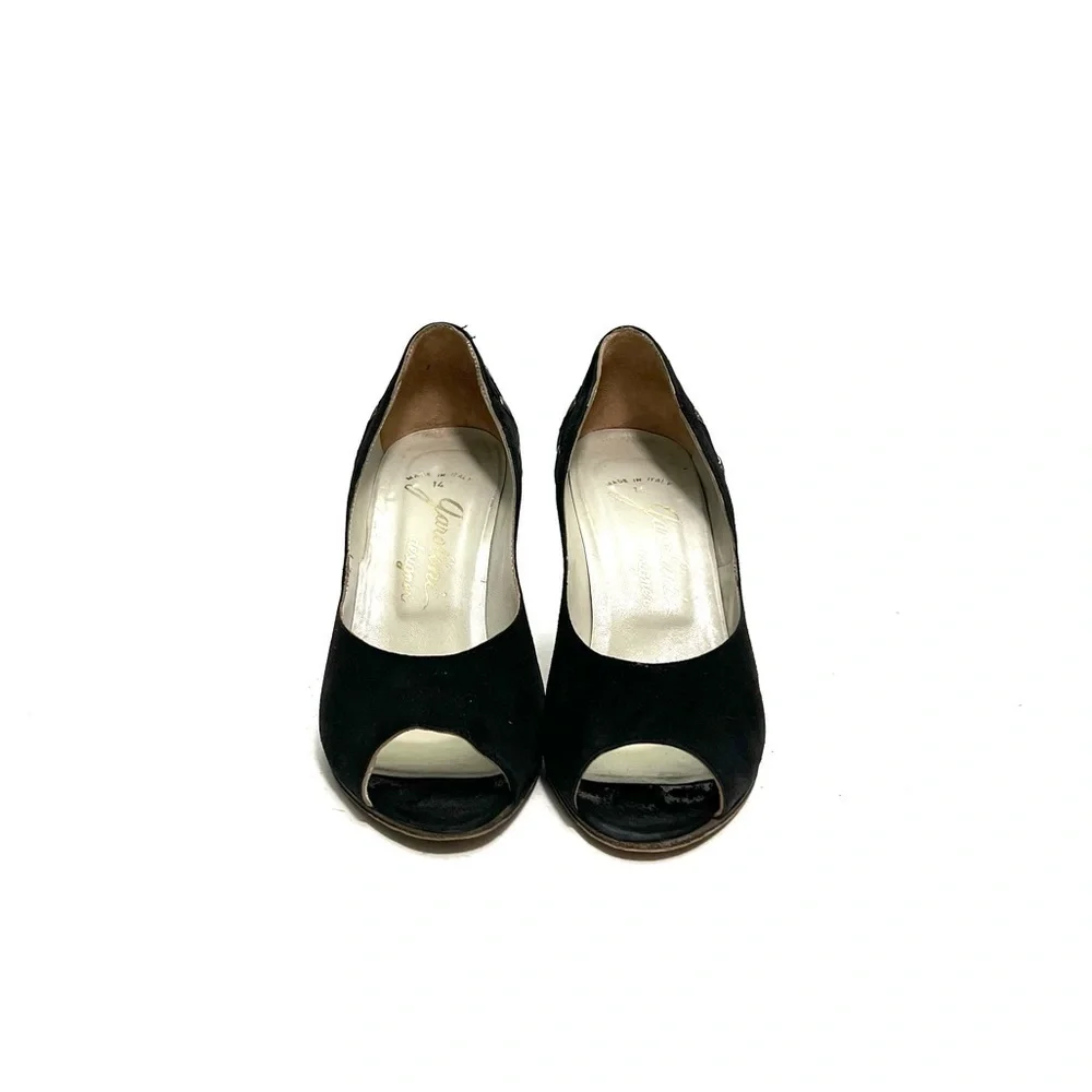 Vintage 1970s black suede peep toe studded heel stiletto pumps